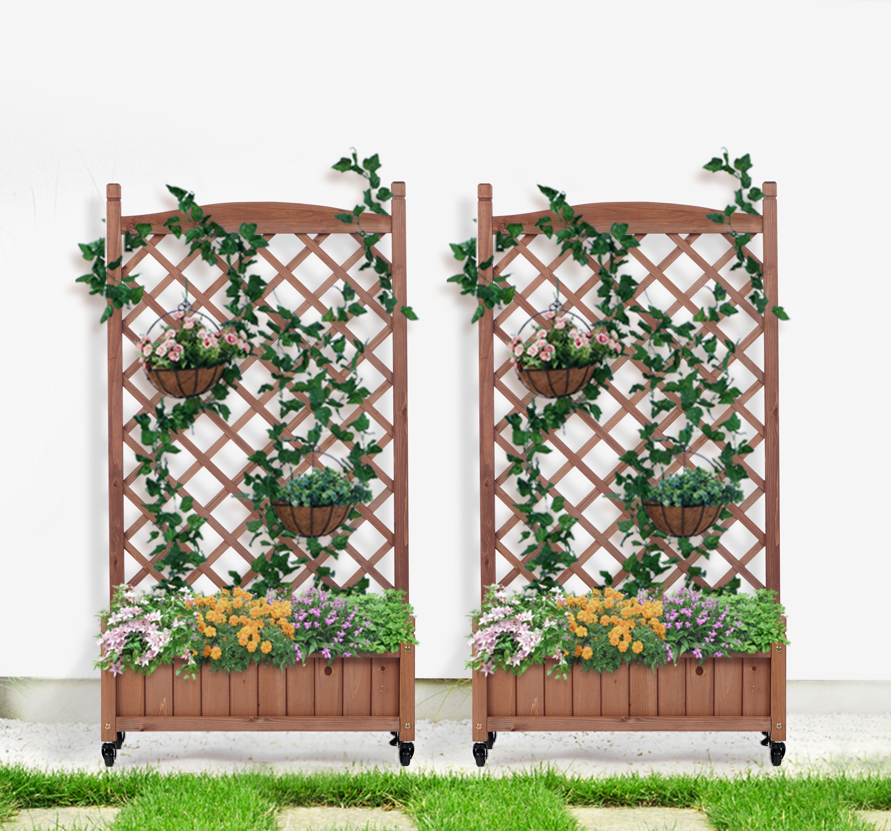 Raised Garden Beds with Trellis (Pack of 2), Outdoor Wooden Flower Boxes and Plant Stands with Climbing Frames