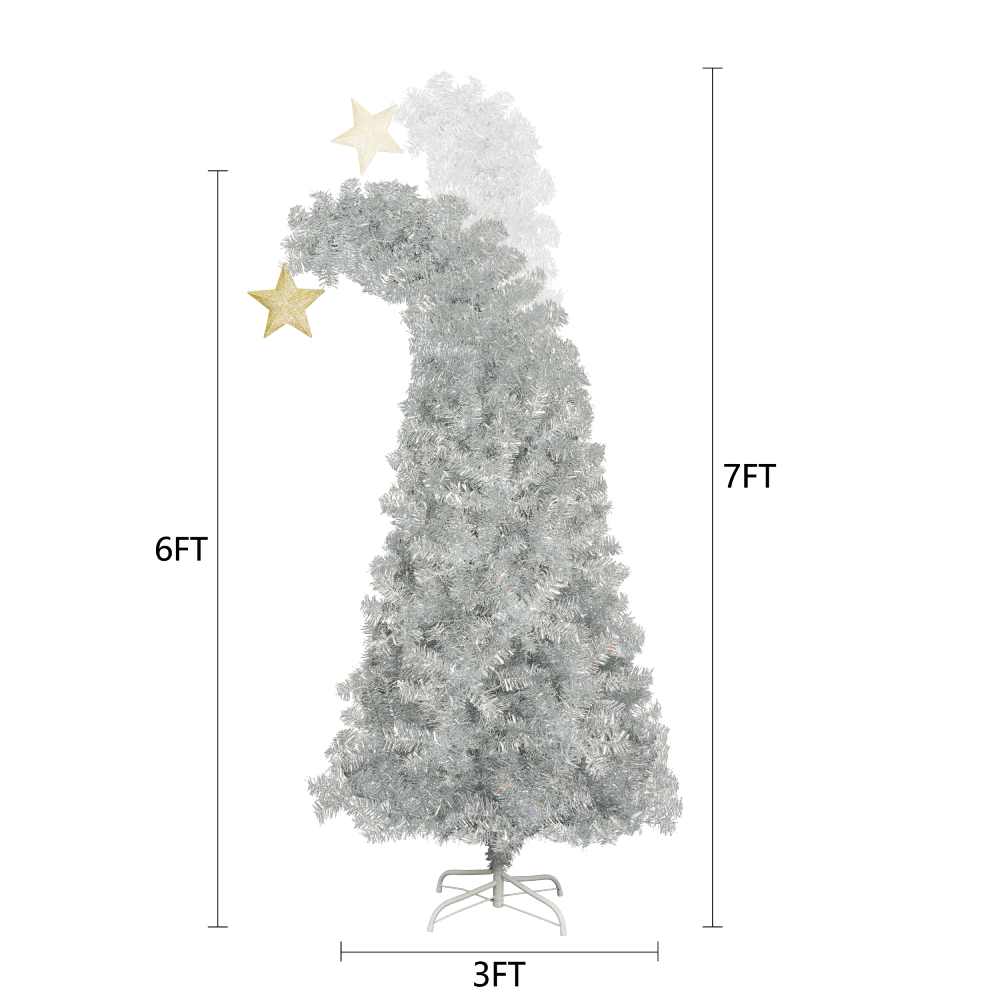 6 Ft Bent Top Artificial Christmas Tree / Fir Xmas Tree for Decor with 300 Colorful LED Lights, 900 Silver Branch Tips, 8 Flashing