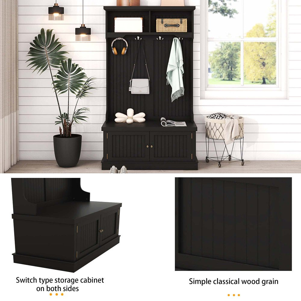 Coat Rack Storage Shoe Bench Hall Tree/ 4-in-1 Entryway Storage Cabinet with 4 Double Hooks & 2 Compartments for Living Room Hallway Mudroom