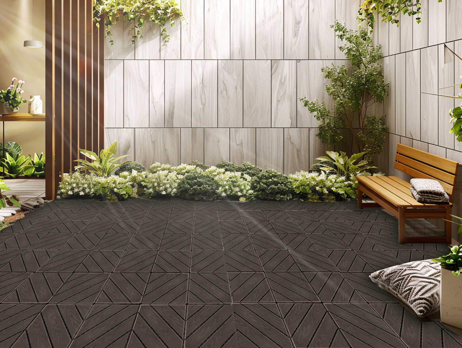 Plastic Composite Patio Tiles 35-Piece Set, Composite Patio Rust-Resistant, Waterproof, Weatherproof, Easy to DIY and Maintain, Great for Patio, Balcony, Roof, Terrace, Indoor and Outdoor, 12x12i Light Coffee