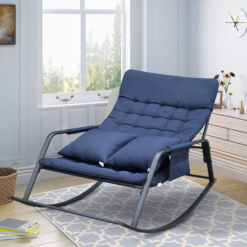 Double Rocking Chair with Side Pocket and Pillows, Recliner Lounge Chair for Patio, Living Room, Bedroom