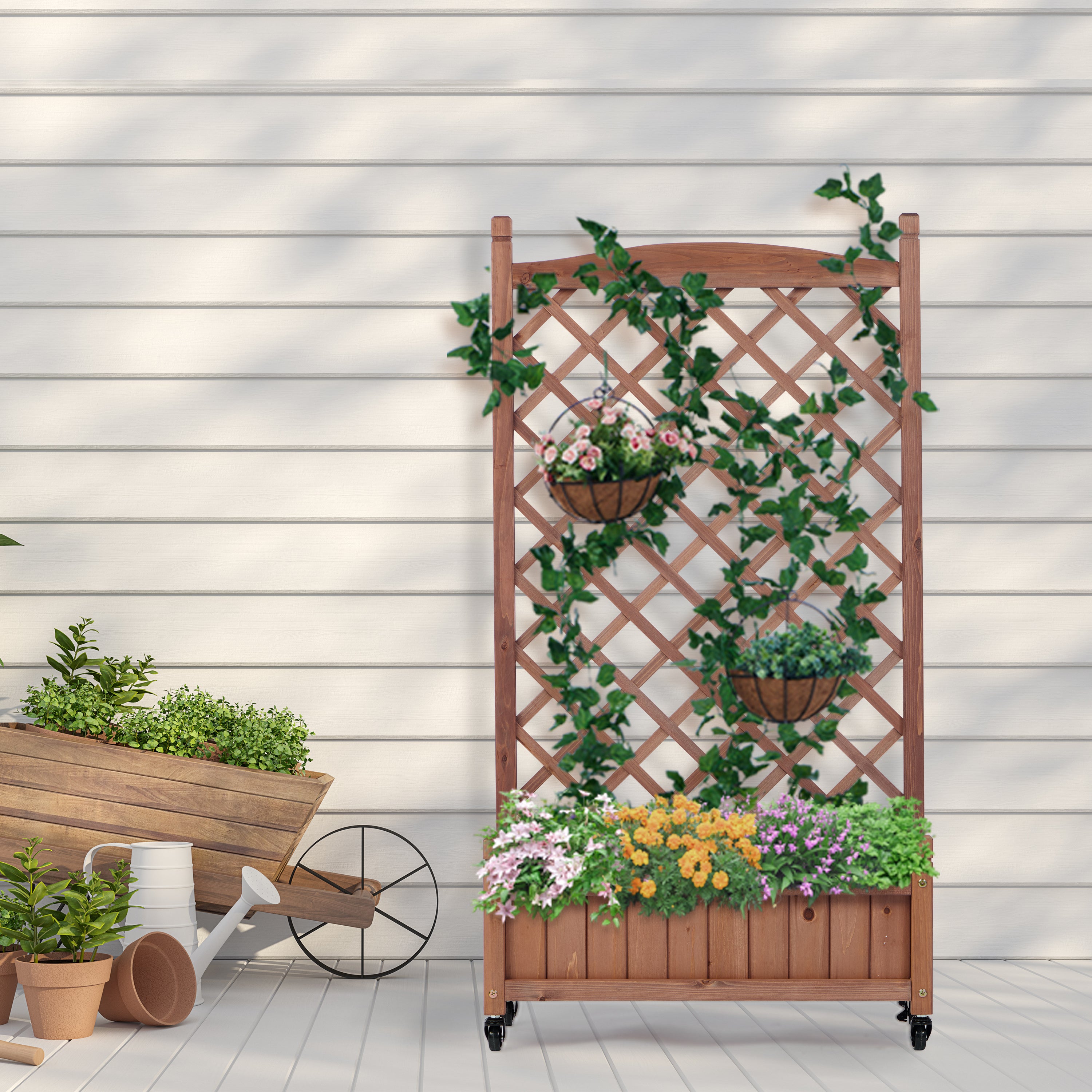Raised Garden Beds with Trellis (Pack of 2), Outdoor Wooden Flower Boxes and Plant Stands with Climbing Frames