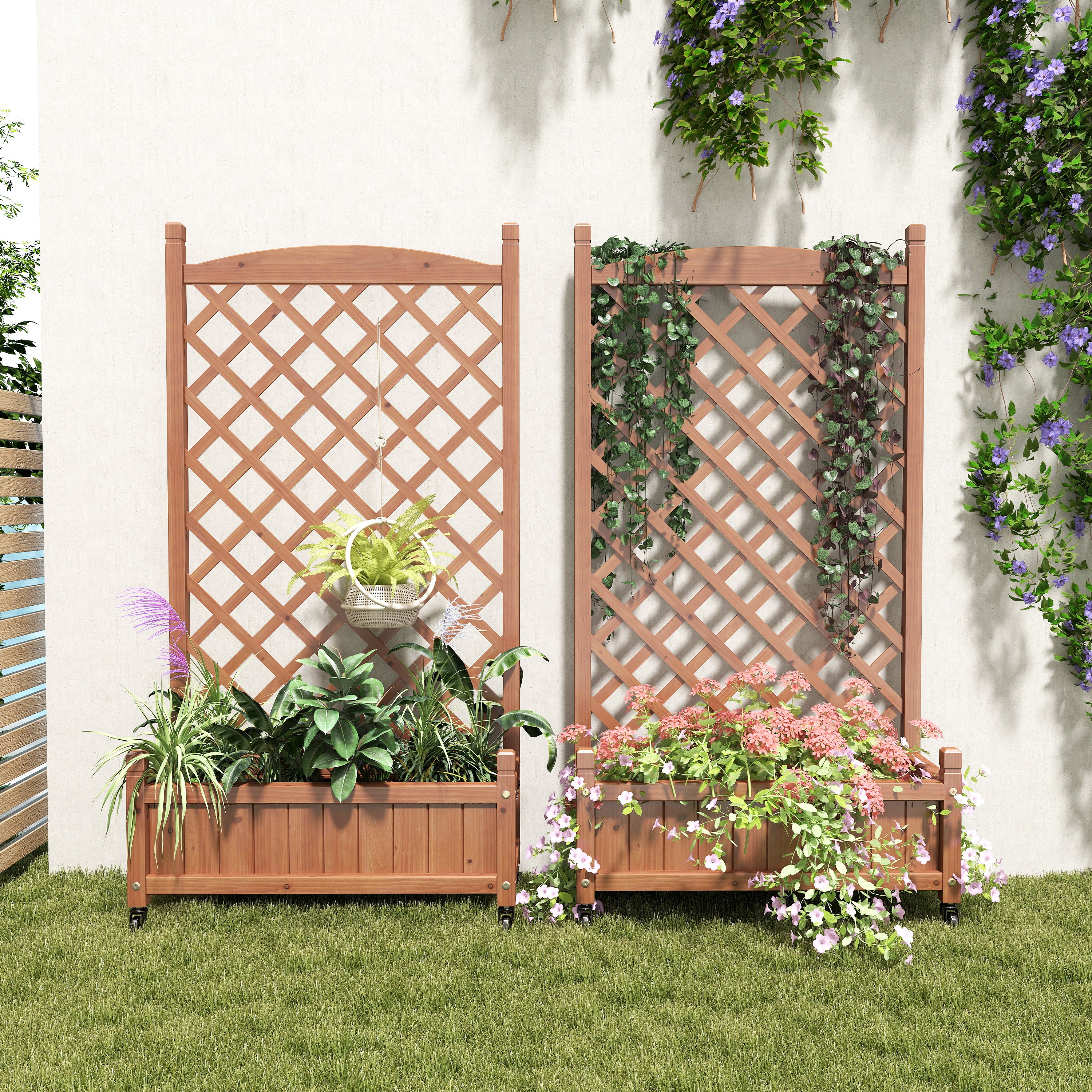 Raised Garden Beds with Trellis (Pack of 2), Outdoor Wooden Flower Boxes and Plant Stands with Climbing Frames