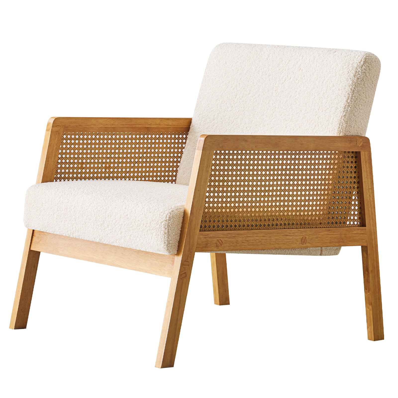 Mid-Century Modern Chair Upholstered in Sherpa Fabric Lounge Armchair, Solid Wood Frame and Upholstered, Suitable for Living Room, Bedroom, Balcony, Ivory White