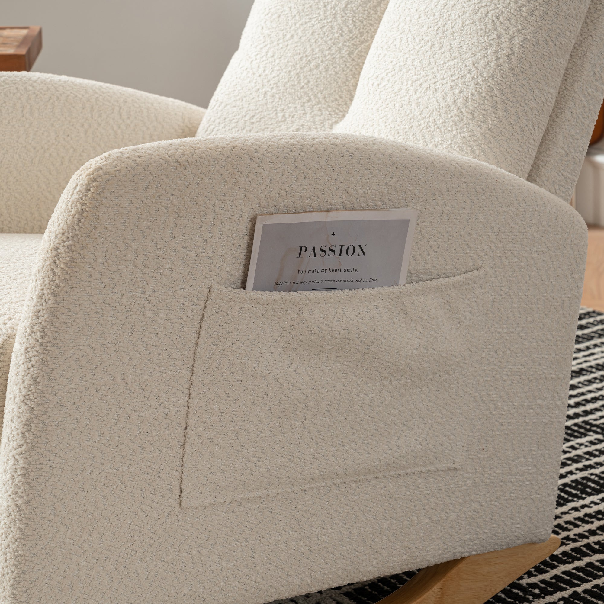 Rocking chair with footstool, high back, rubber wood rocking legs, bedroom living room