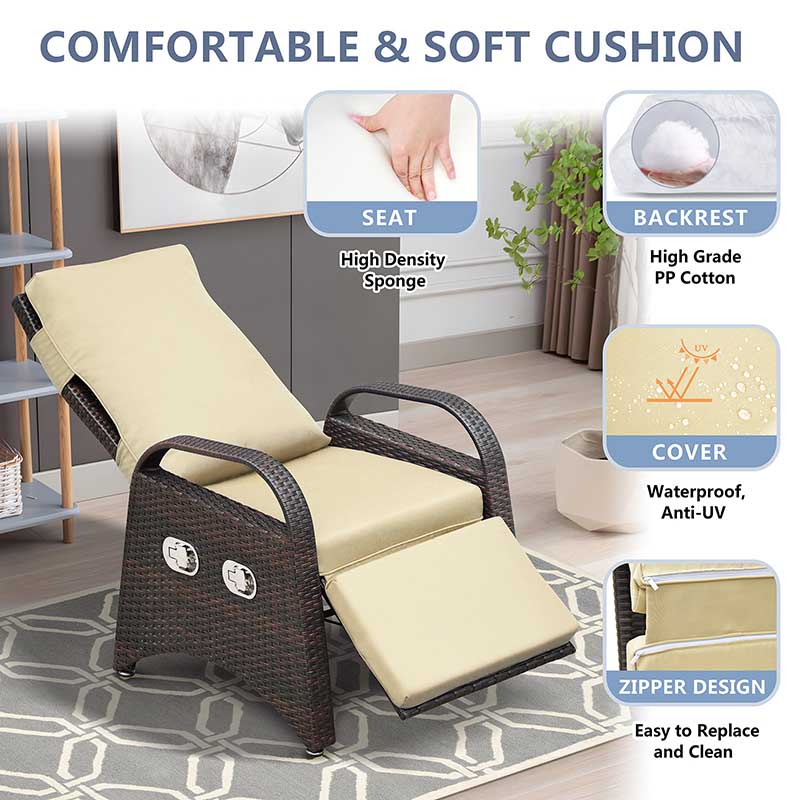 Outdoor Wicker Recliner Chair / All-Weather PE Rattan Reclining / Patio Chairs with Flip Side Table, Khaki