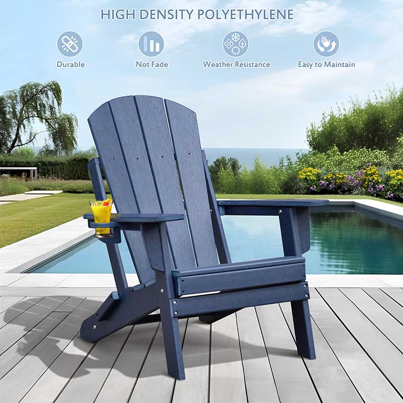 Folding Adirondack Chair, Patio Fire Pit Chairs, Outdoor Weather Resistant Chair Lounger with Cup Holder for Deck, Backyard, Garden