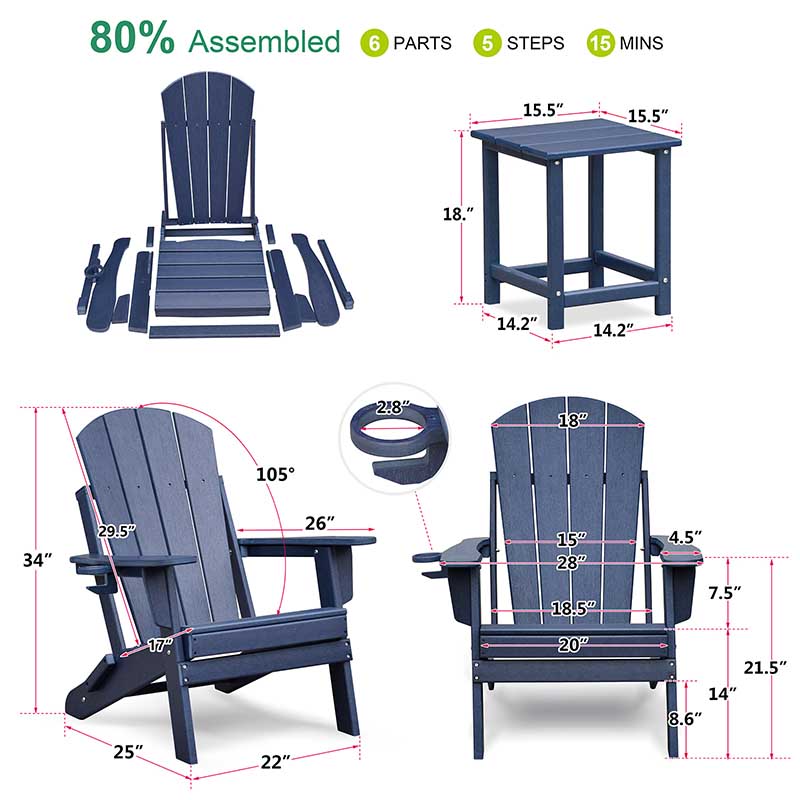 Folding Adirondack Chair, Patio Fire Pit Chairs, Outdoor Weather Resistant Chair Lounger with Cup Holder for Deck, Backyard, Garden