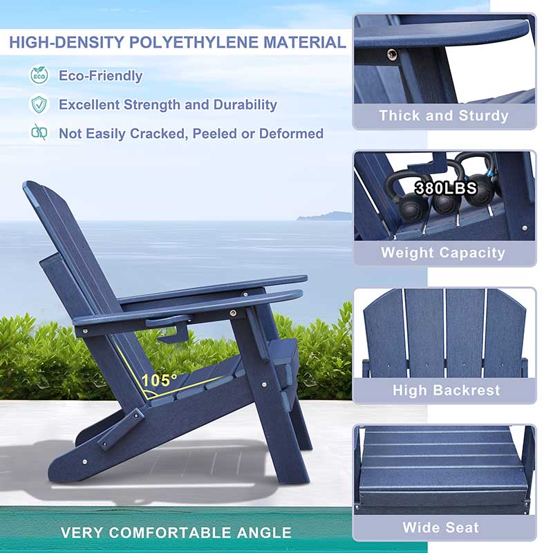 Folding Adirondack Chair, Patio Fire Pit Chairs, Outdoor Weather Resistant Chair Lounger with Cup Holder for Deck, Backyard, Garden