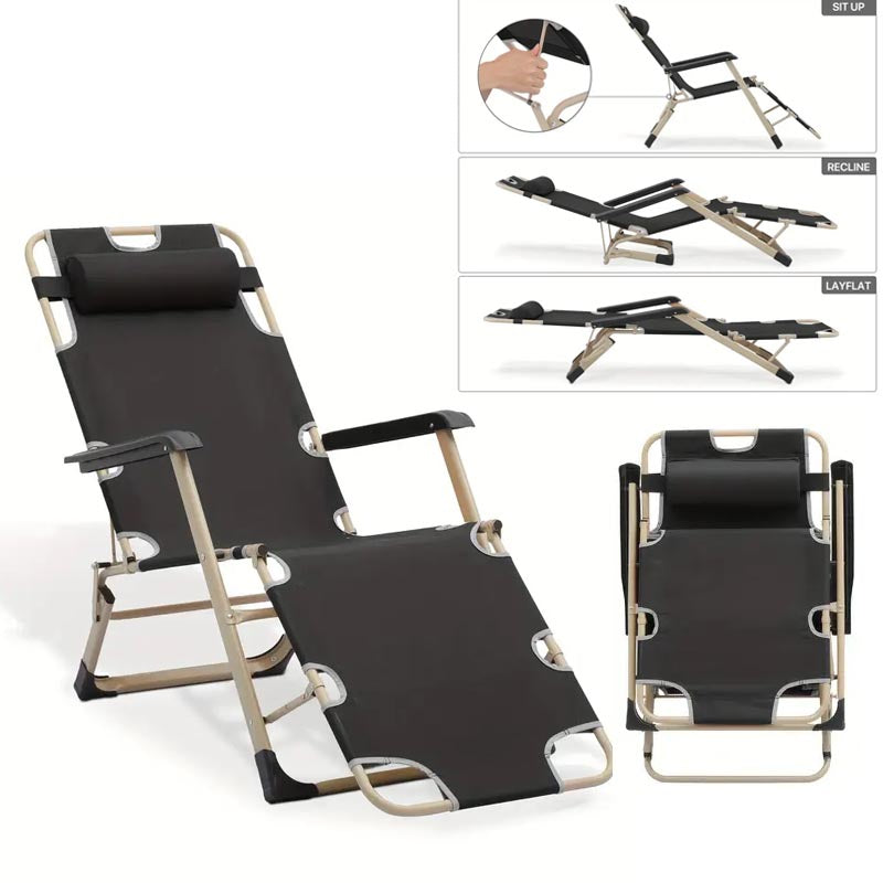 Adjustable Metal Recliners Beach Deck Lawn Camping Patio Foldable Lounge Chair with Pillow, Textilene Fabric