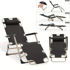 Adjustable Metal Recliners Beach Deck Lawn Camping Patio Foldable Lounge Chair with Pillow, Textilene Fabric