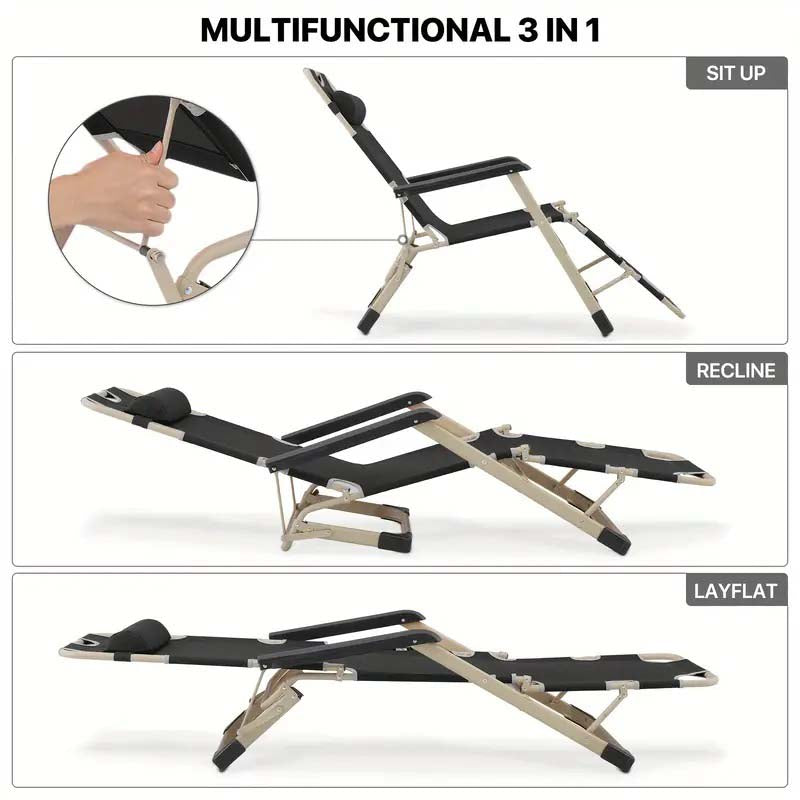 Adjustable Metal Recliners Beach Deck Lawn Camping Patio Foldable Lounge Chair with Pillow, Textilene Fabric