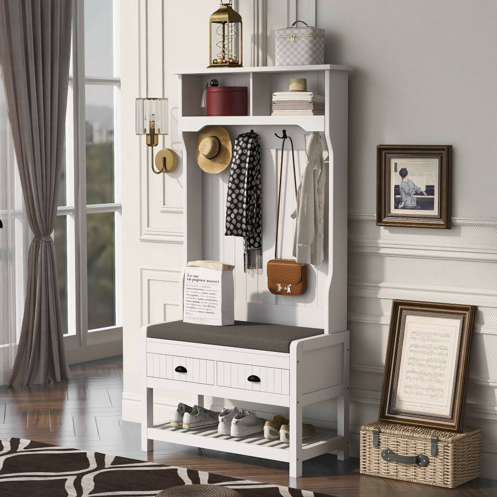 Entryway Hall Tree with Coat Rack & Shoe Bench / 3-in-1 Storage Bench with 2 Drawers, 4 Hooks & Shoe Storage Shelves