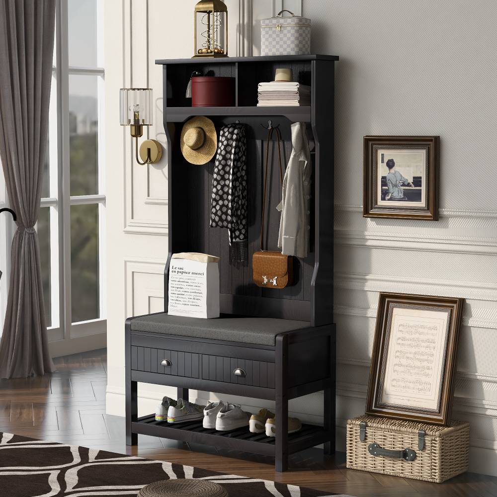 Entryway Hall Tree with Coat Rack & Shoe Bench / 3-in-1 Storage Bench with 2 Drawers, 4 Hooks & Shoe Storage Shelves