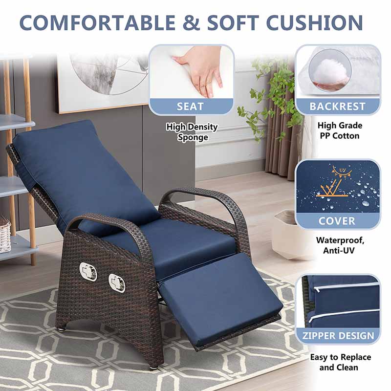 Outdoor patio rattan chair, all-weather PE rattan chair, with fold-down side table, independently adjustable footrest and adjustable recliner.