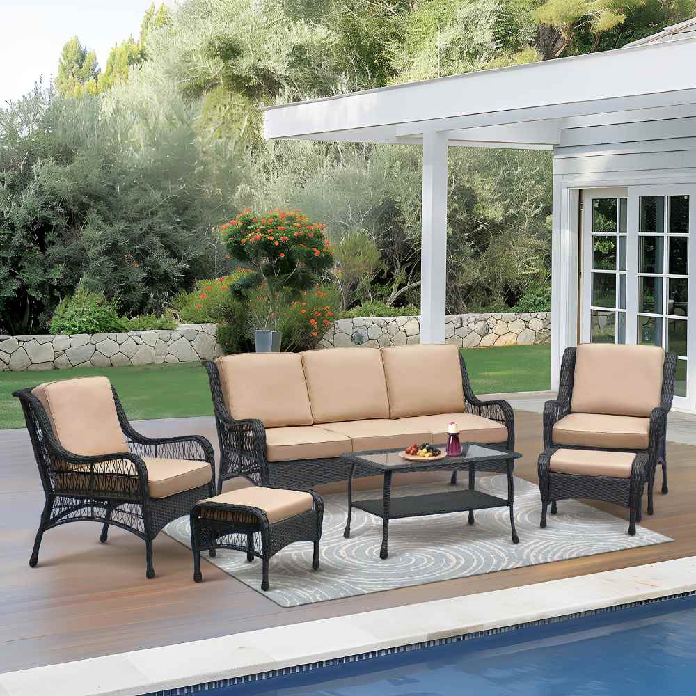 Outdoor Rattan Furnitue Sectional Couch Sofa Set / 4 Pieces Wicker Conversation Set with Single Chairs, Triple Sofa, Coffee Table