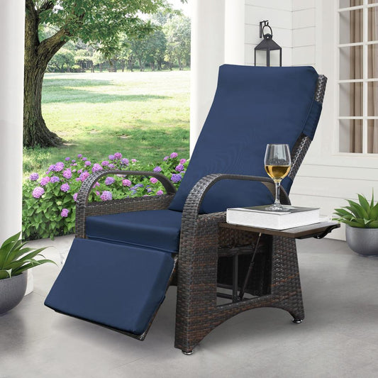 Outdoor Patio Wicker Recliner Chair, All-Weather PE Rattan Reclining Patio Chairs with Flip Side Table Push Back Adjustable Lounge Chair