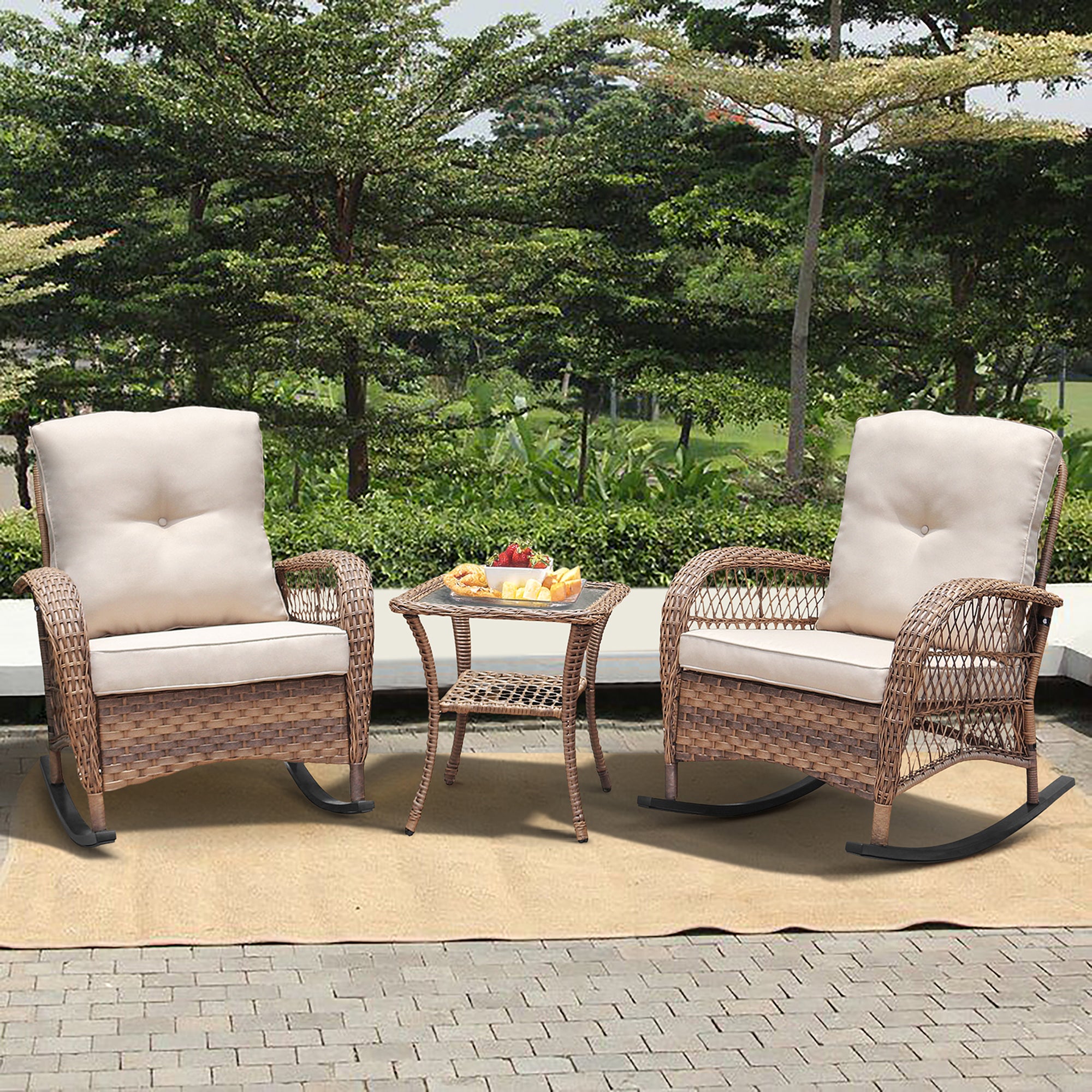 3 Pieces Outdoor Wicker Rocking Chair Set/Patio Conversation Set with 2 Rattan Rocker Chairs and Glass Coffee Table