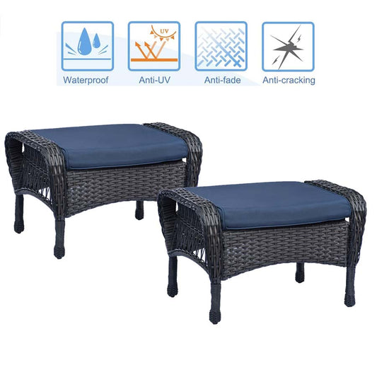 2 Pieces Outdoor Patio Wicker Ottomans Seat / All Weather Rattan Footstool Footrest Seat Coffee Table with Cushion