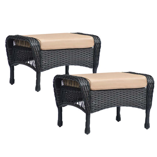2 Pieces Outdoor Patio Wicker Ottomans Seat / All Weather Rattan Footstool Footrest Seat Coffee Table with Cushion
