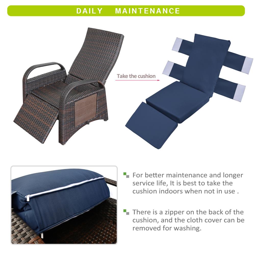 Outdoor patio rattan chair, all-weather PE rattan chair, with fold-down side table, independently adjustable footrest and adjustable recliner.