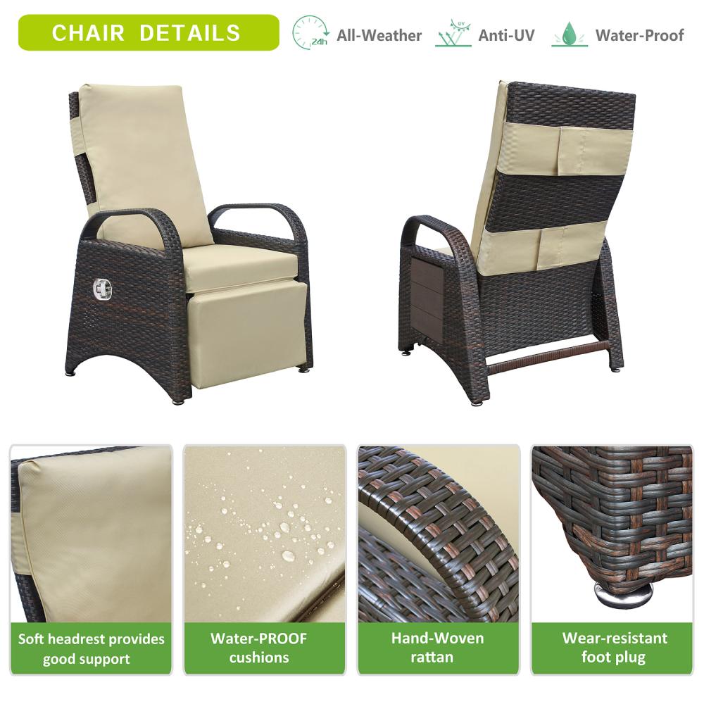 Outdoor Wicker Recliner Chair / All-Weather PE Rattan Reclining / Patio Chairs with Flip Side Table, Khaki