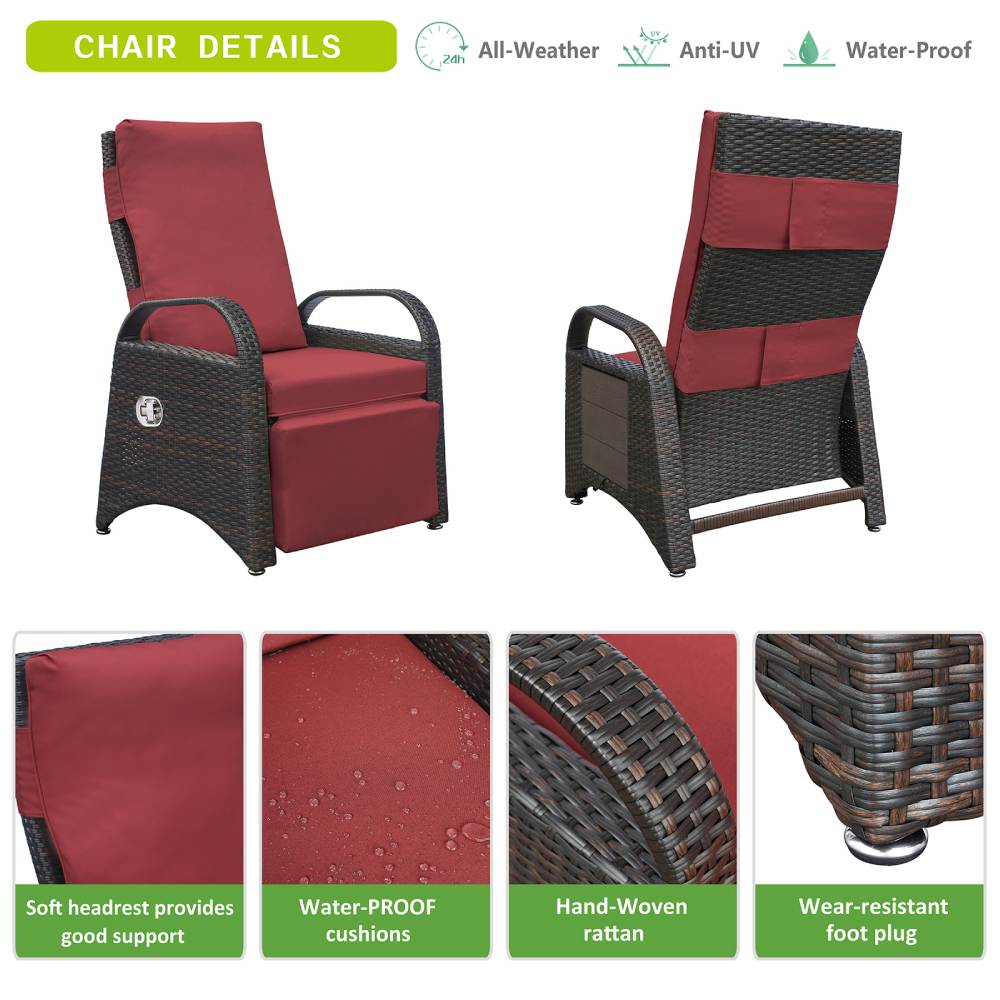 Outdoor Wicker Recliner with Flip Side Table, Patio Reclining Chairs Push Back Reclining Lounge Chair