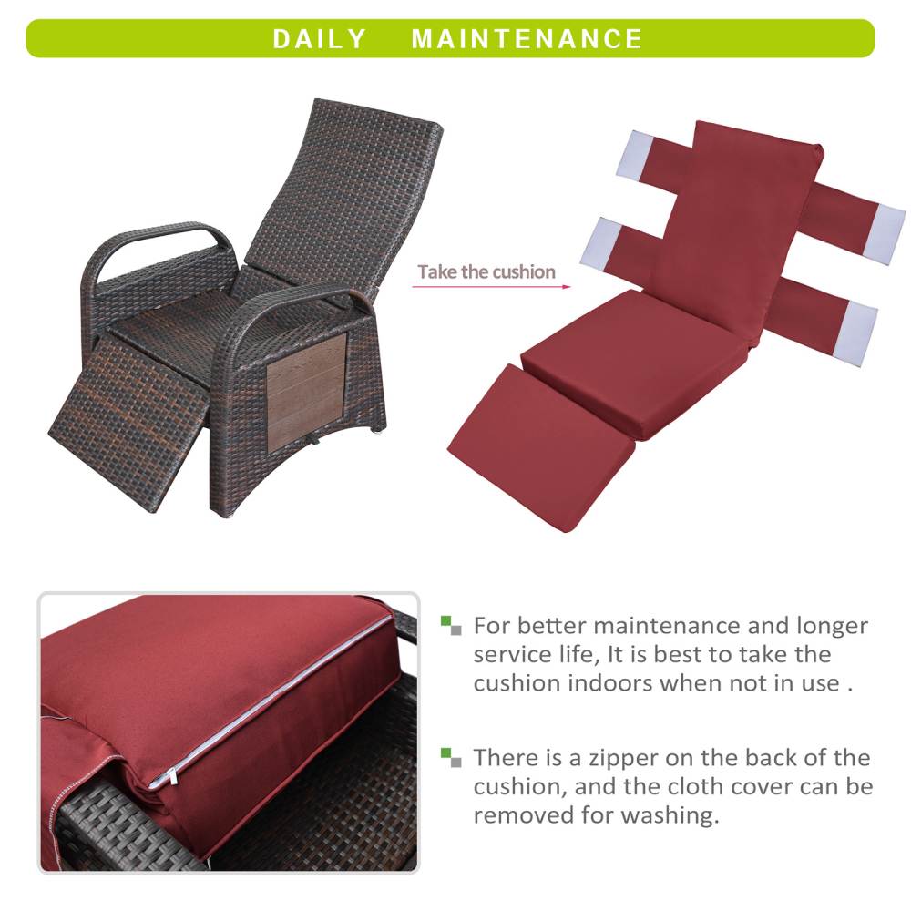 Outdoor Wicker Recliner with Flip Side Table, Patio Reclining Chairs Push Back Reclining Lounge Chair