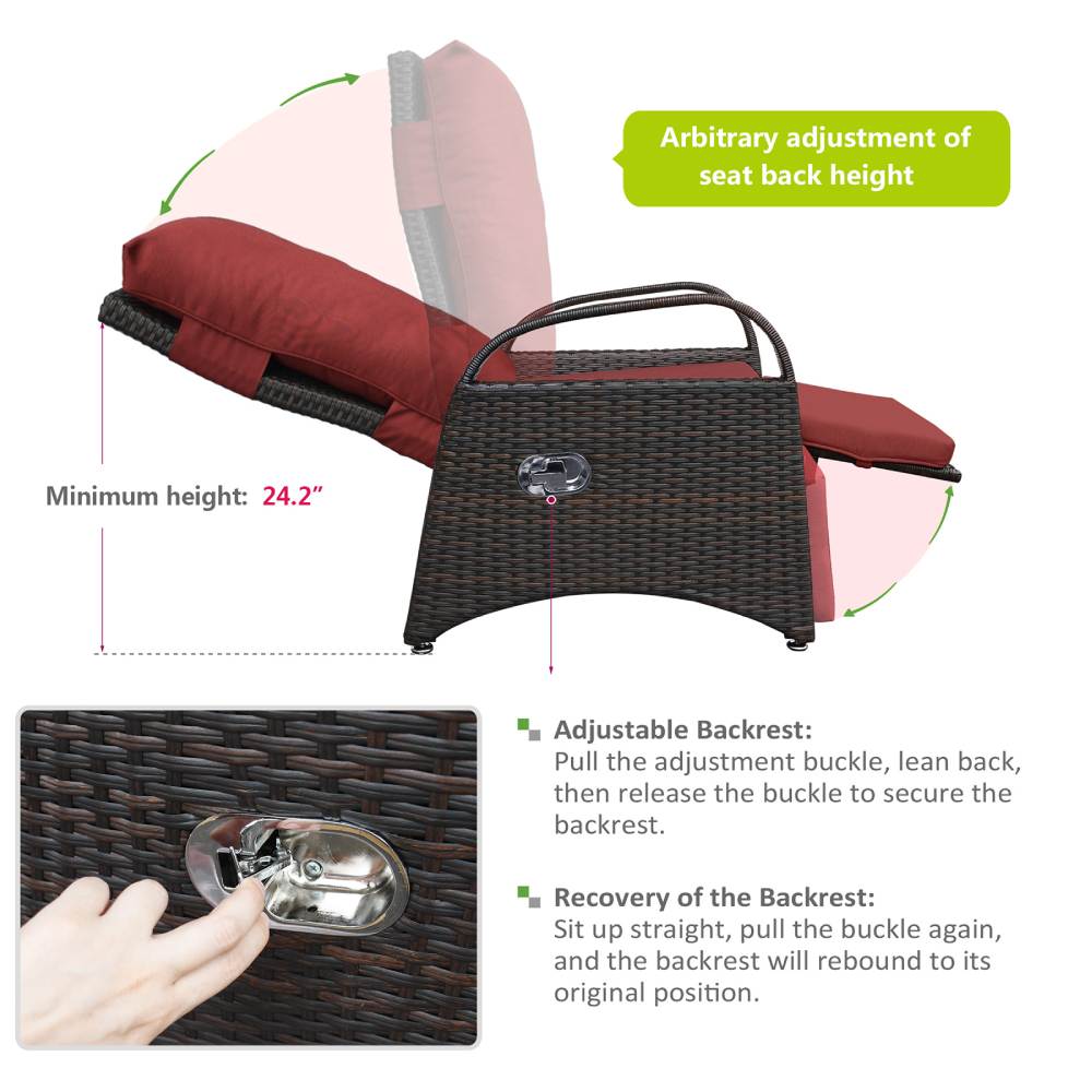 Outdoor Wicker Recliner with Flip Side Table, Patio Reclining Chairs Push Back Reclining Lounge Chair