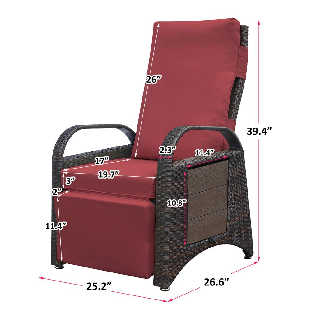 Outdoor Wicker Recliner with Flip Side Table, Patio Reclining Chairs Push Back Reclining Lounge Chair