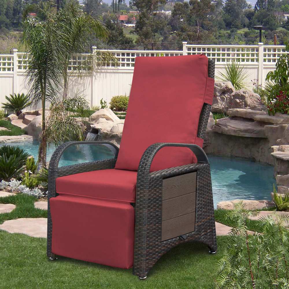Outdoor Wicker Recliner with Flip Side Table, Patio Reclining Chairs Push Back Reclining Lounge Chair
