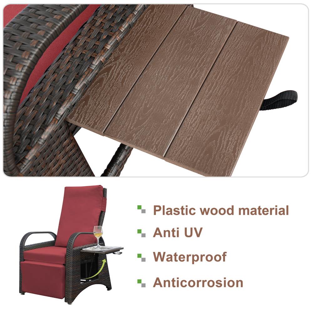 Outdoor Wicker Recliner with Flip Side Table, Patio Reclining Chairs Push Back Reclining Lounge Chair