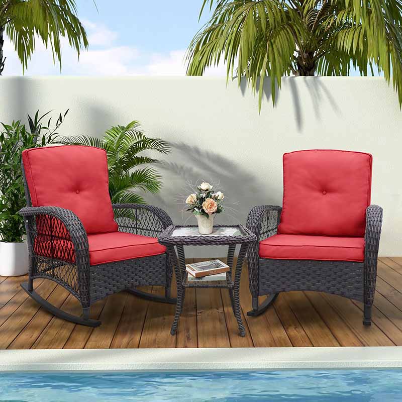 3 Pieces Outdoor Wicker Rocking Chair Set/Patio Conversation Set with 2 Rattan Rocker Chairs and Glass Coffee Table