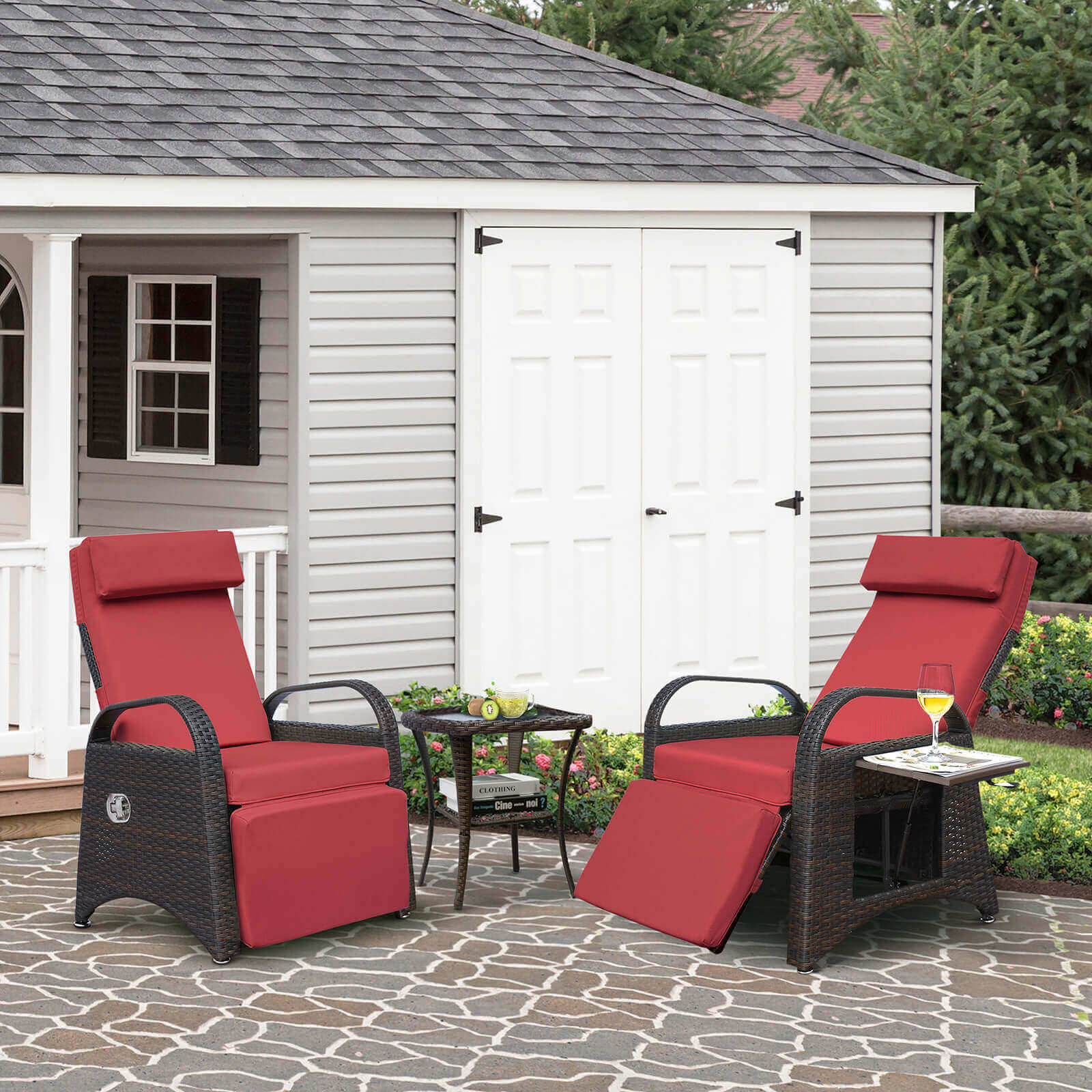 Patio 3 Pieces Wicker Recliner Set with Tempered Glass Top Side Coffee Table, All-Weather PE Rattan Reclining Chairs with Flip-up Table