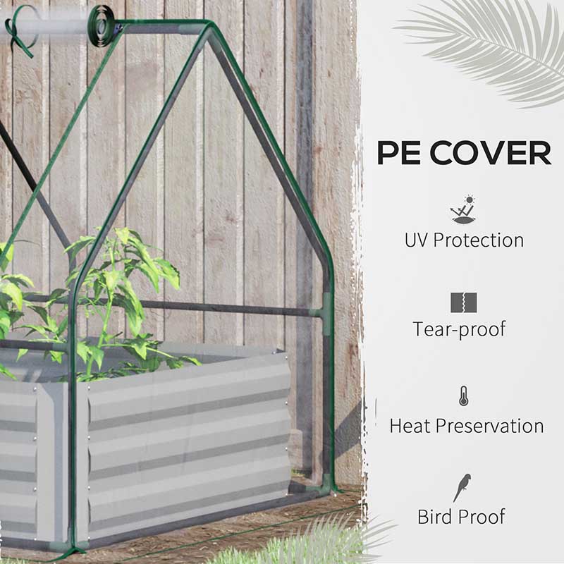 green house planter Galvanized Raised Garden Bed with Mini PVC Greenhouse Cover, Outdoor Metal Planter Box with Roll-Up Window for Growing Flowers, Fruits, Vegetables and