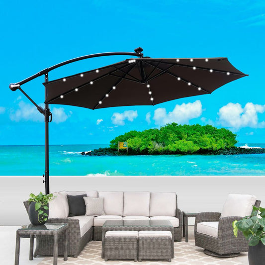 Outdoor Patio Umbrella Solar Powered LED Lighted / Sun Shade with UV & Water Fighting Material and a Sturdy Stand