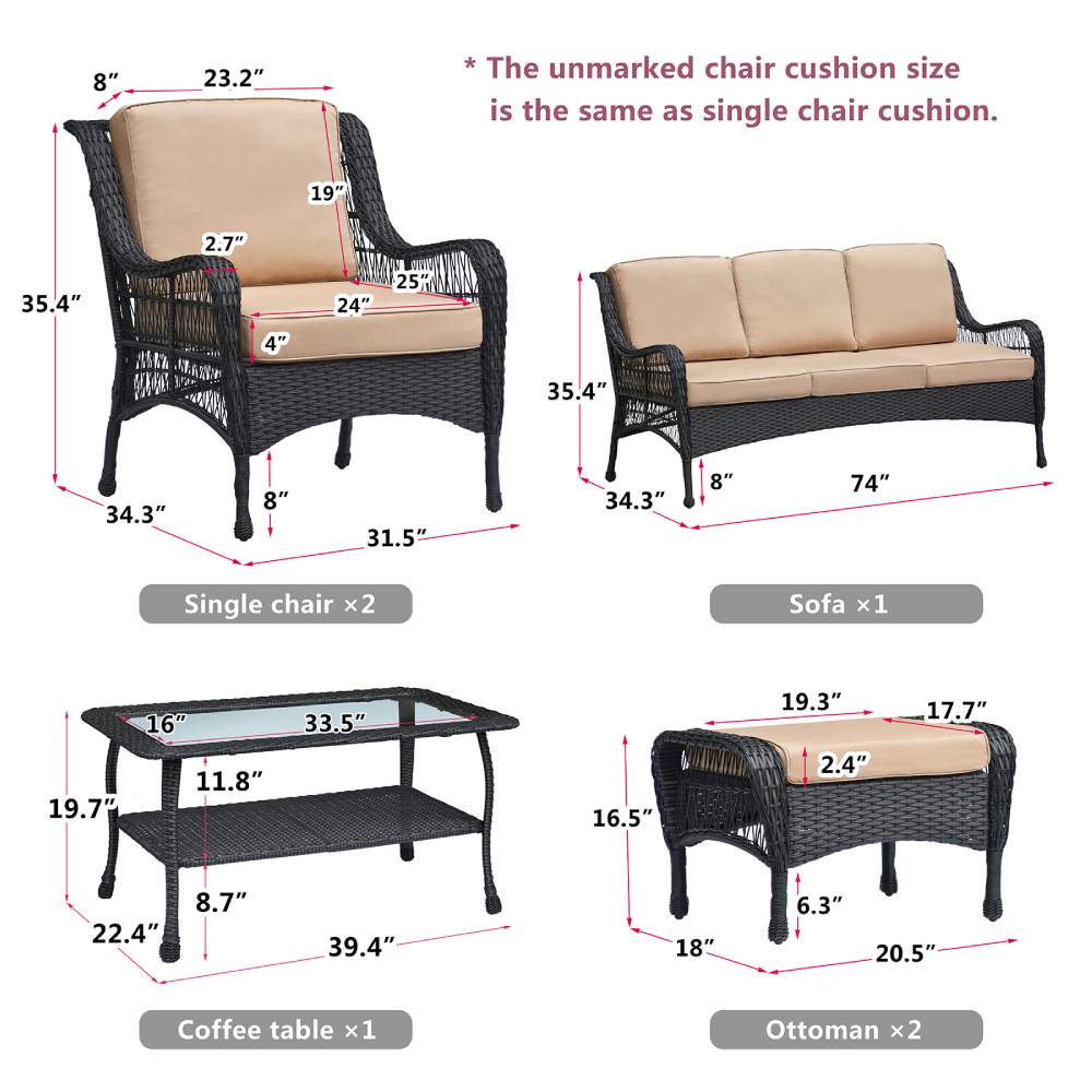 Wicker Outdoor Furniture Sofa Chair Set / 6 Piece Patio Conversation Set with Armchairs, Sofa, Ottomans, Coffee Table, Khaki Cushion