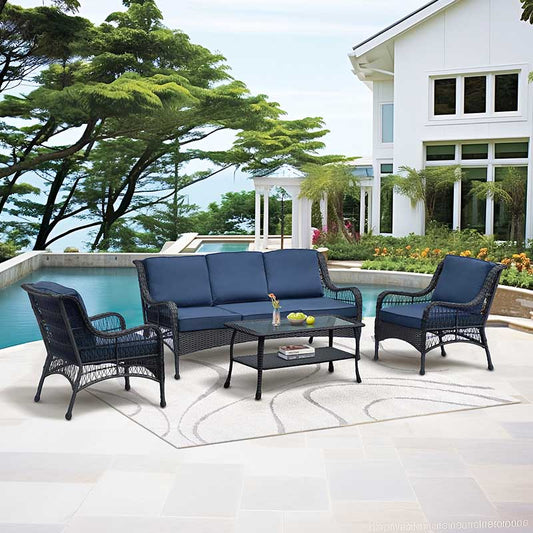 4 Pieces Outdoor Patio Furniture Set, All-Weather Wicker Patio Conversation Sofa Set with Three Seater Couch, 2 Rattan Chairs, Coffee Table