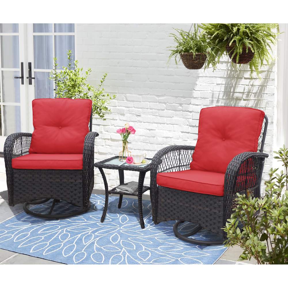 Arttoreal Outdoor Swivel Rocker Patio Chairs Set of 2 and Matching Side Table / 3 Piece Wicker Patio Bistro Set with Premium Fabric Cushions