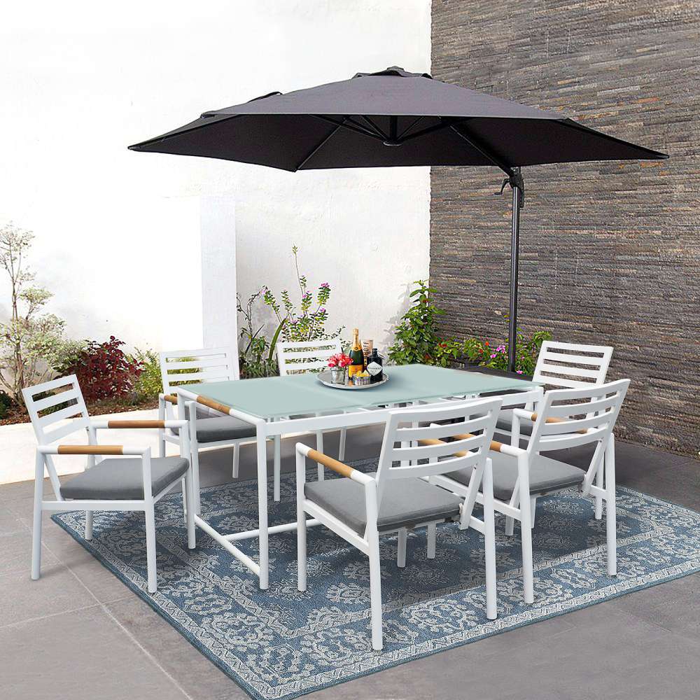 Arttoreal Outdoor Tempered Glass Dining Room Table with Metal Legs, White, for 6 people