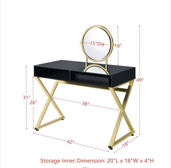 Vanity Desk w/Mirror & Jewelry Tray /Makeup Vanity with with 2 Large Drawers Gold Finish