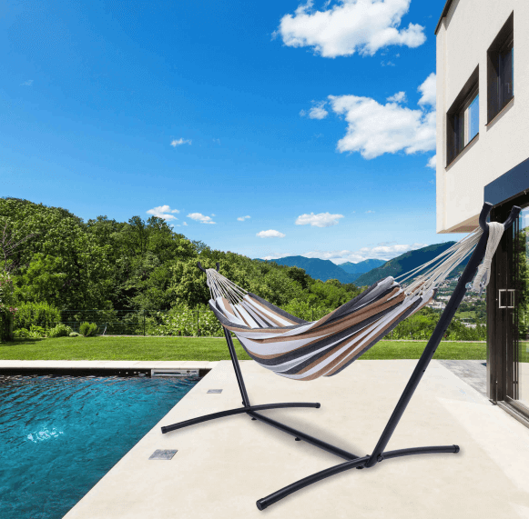 Arttoreal Double Hammock Bed with Space Saving Steel Stand/2 Person Freestanding Hammock with Carrying Bag for Garden Yard Outdoor 450lb Capacity