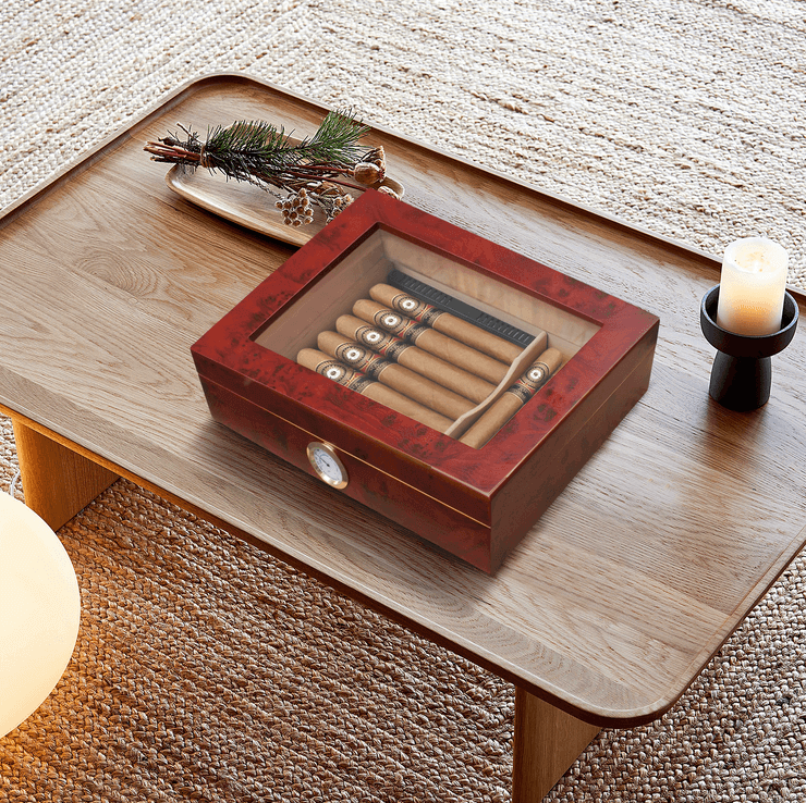 Cedar Wood Cigar Storage Box with Humidifier/ Tempered Glass Top Humidor Case (20-30 Cigars)