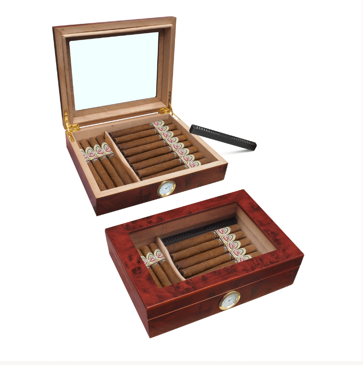 Cedar Wood Cigar Storage Box with Humidifier/ Tempered Glass Top Humidor Case (20-30 Cigars)