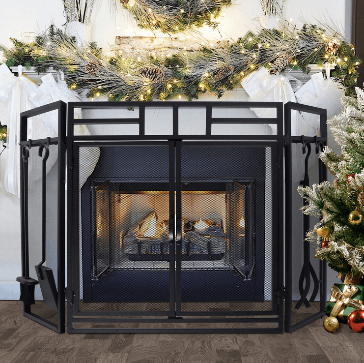 Fireplace Screen Tool Sets / Large Steel Mesh Fireplace Sreen with Doors / Solid Wrought Iron Metal Fire Place Panels