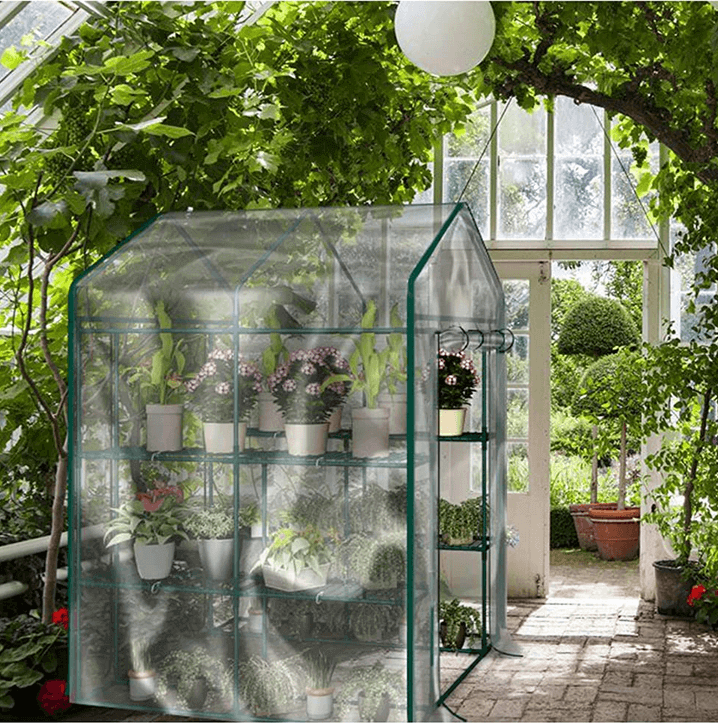 Arttoreal Walk-In Garden Greenhouse/Outdoor 56" x 56" x 76" Green House with 2 Tiers 8 Shelves Roll-Up Door Gardening Rack