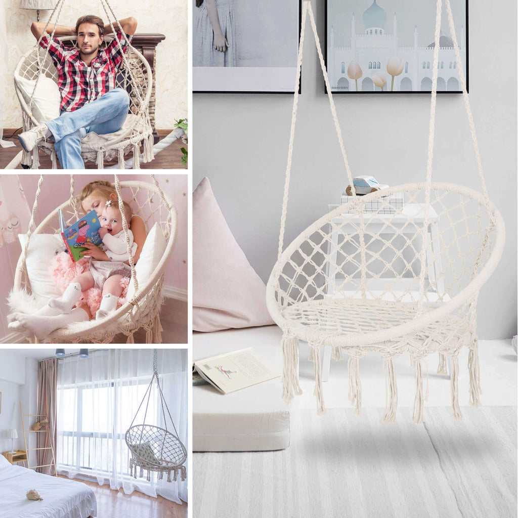 Hammock Chair Hanging Macrame Swing/Handmade Knitted Cotton Rope Hammock Swing Chair for Indoor Outdoor Garden Patio Deck, Beige