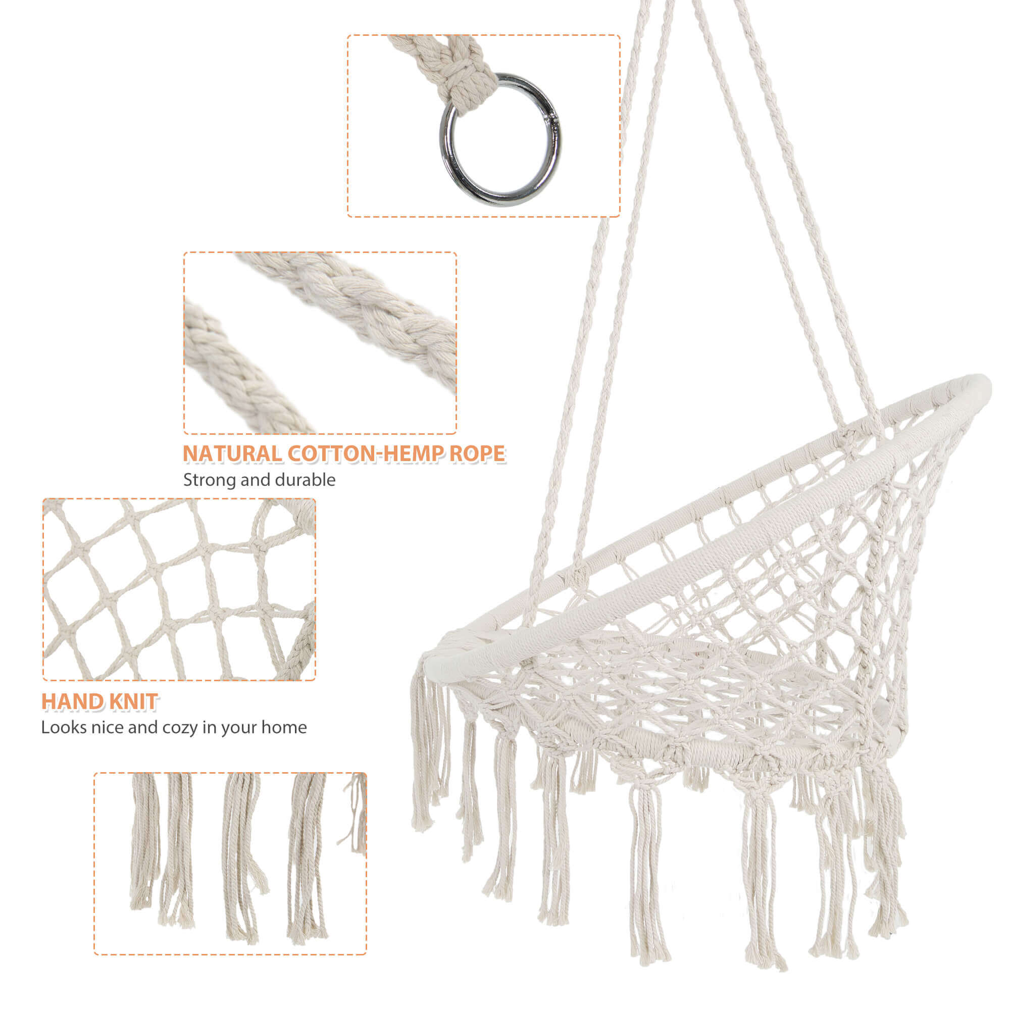 Hammock Chair Hanging Macrame Swing/Handmade Knitted Cotton Rope Hammock Swing Chair for Indoor Outdoor Garden Patio Deck, Beige