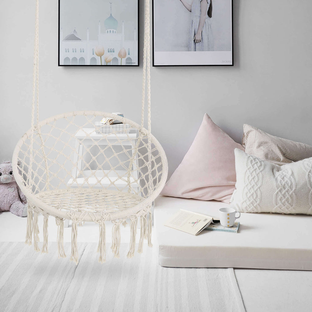 Hammock Chair Hanging Macrame Swing/Handmade Knitted Cotton Rope Hammock Swing Chair for Indoor Outdoor Garden Patio Deck, Beige