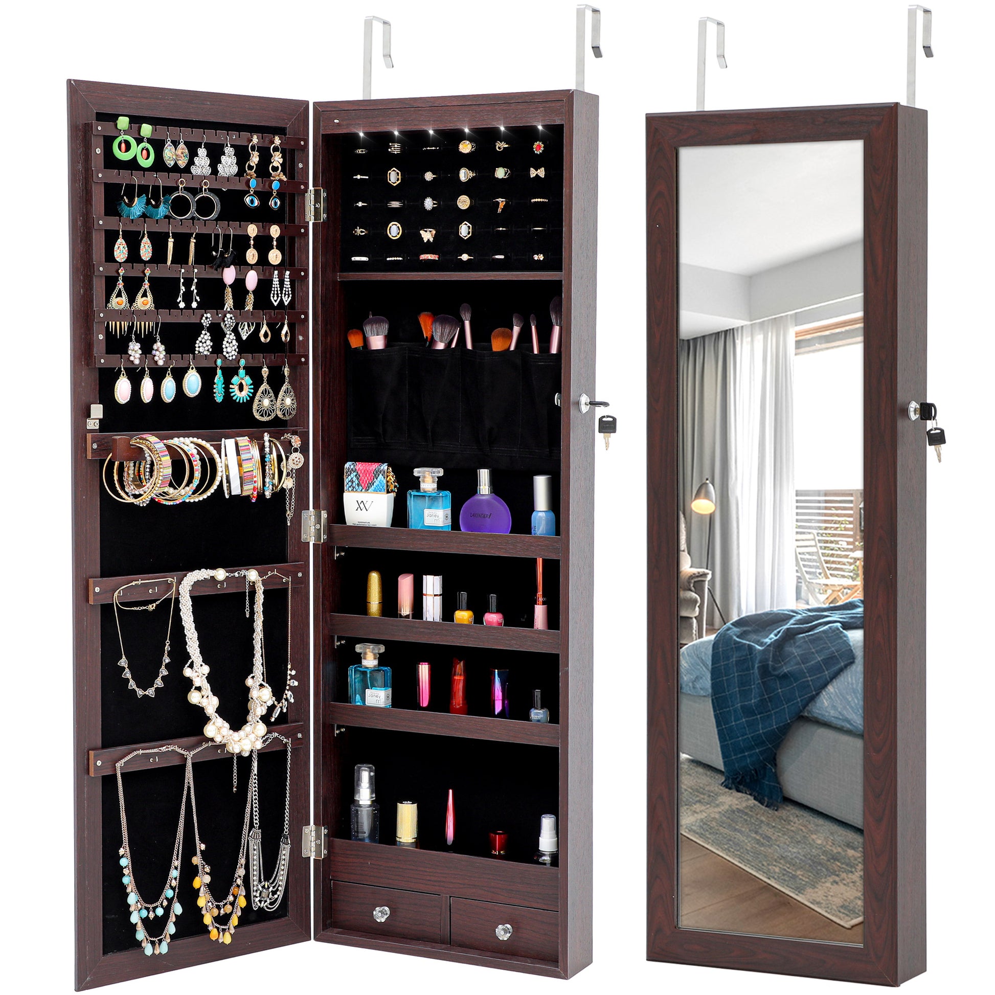 Jewelry Cabinet with Full Length Mirror / Fashion Simple Mirror Jewelry Armoire with LED Lights / Jewelry Storage Cabinet Wall/Door Mounted